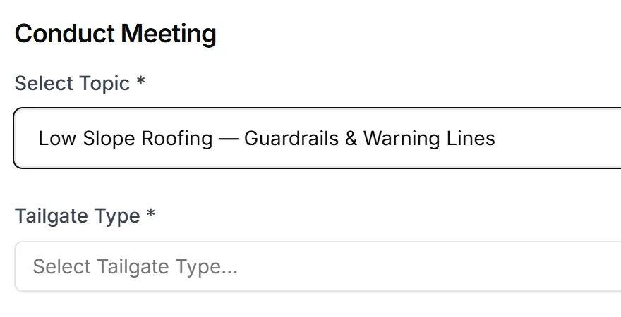 The Conduct Meeting dialog with a topic selected and a Tailgate Type field