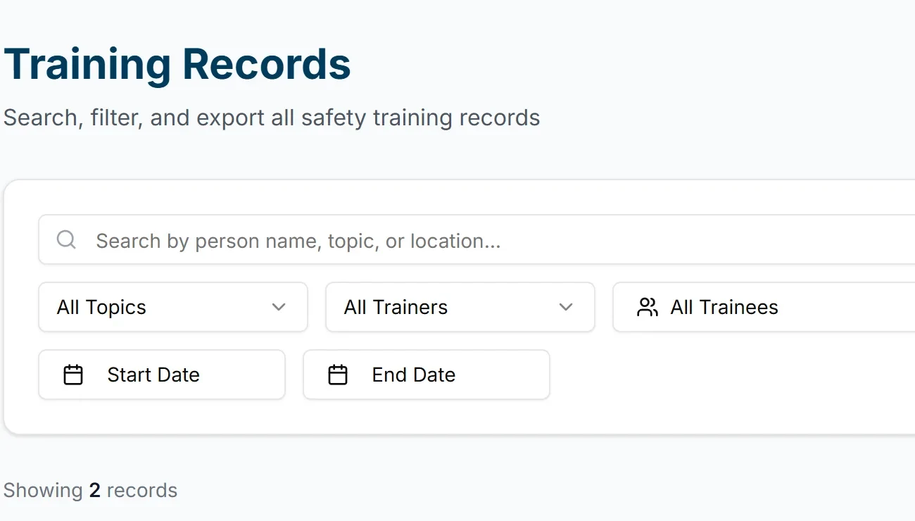 The Training Records screen: search, filter, and export all safety training records