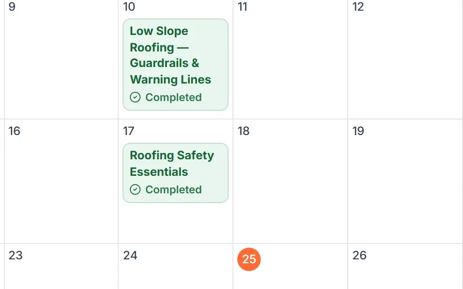 The training calendar in My Safety Solution with two roofing topics marked Completed